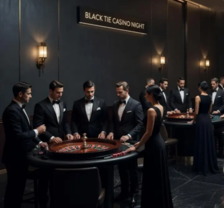Złoty wieczór Black Tie z eleganckimi dekoracjami i grami karcianymi jako atrakcją eventową