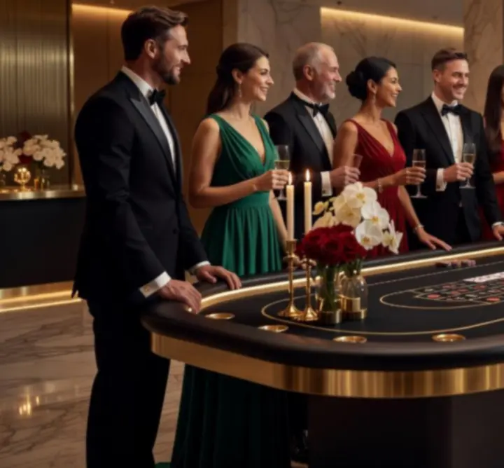 Stół eventowy w klimacie gier stołowych z eleganckim oświetleniem na wydarzeniu NightGatherLane