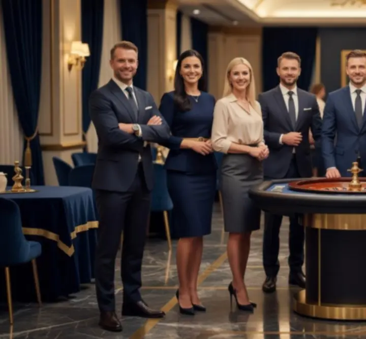Zespół NightGatherLane podczas realizacji eleganckiego wydarzenia z mobilnymi stołami do gier